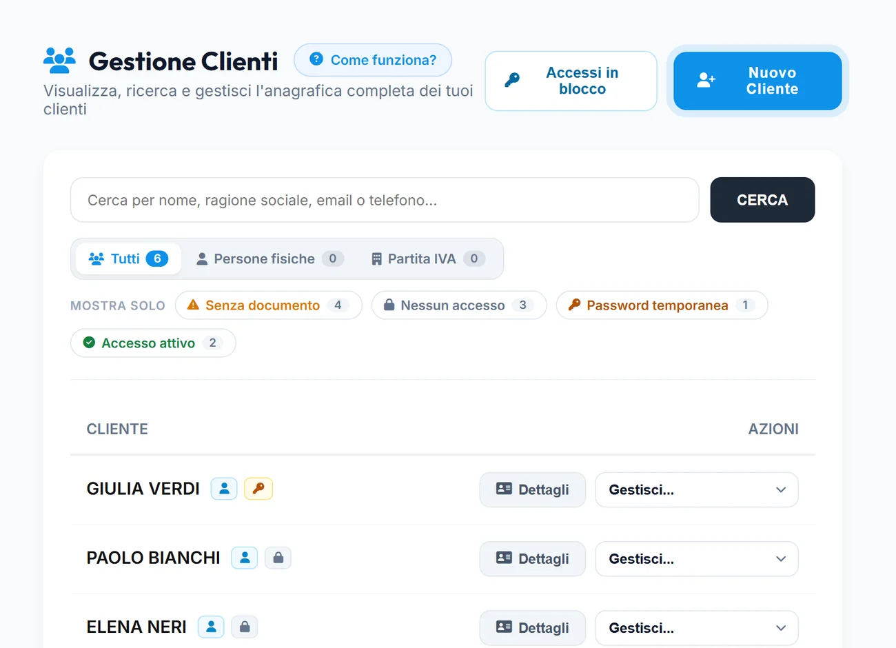Elenco clienti con stato dell'accesso all'area riservata