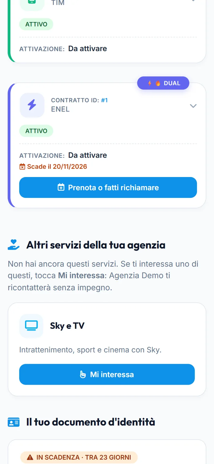 Contratto in scadenza con il pulsante Prenota o fatti richiamare