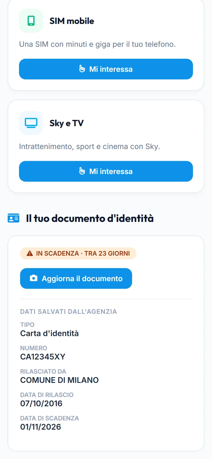 Il documento d'identità del cliente con l'avviso di scadenza