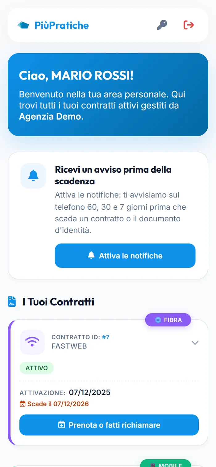 Area riservata del cliente con l'invito ad attivare le notifiche di scadenza