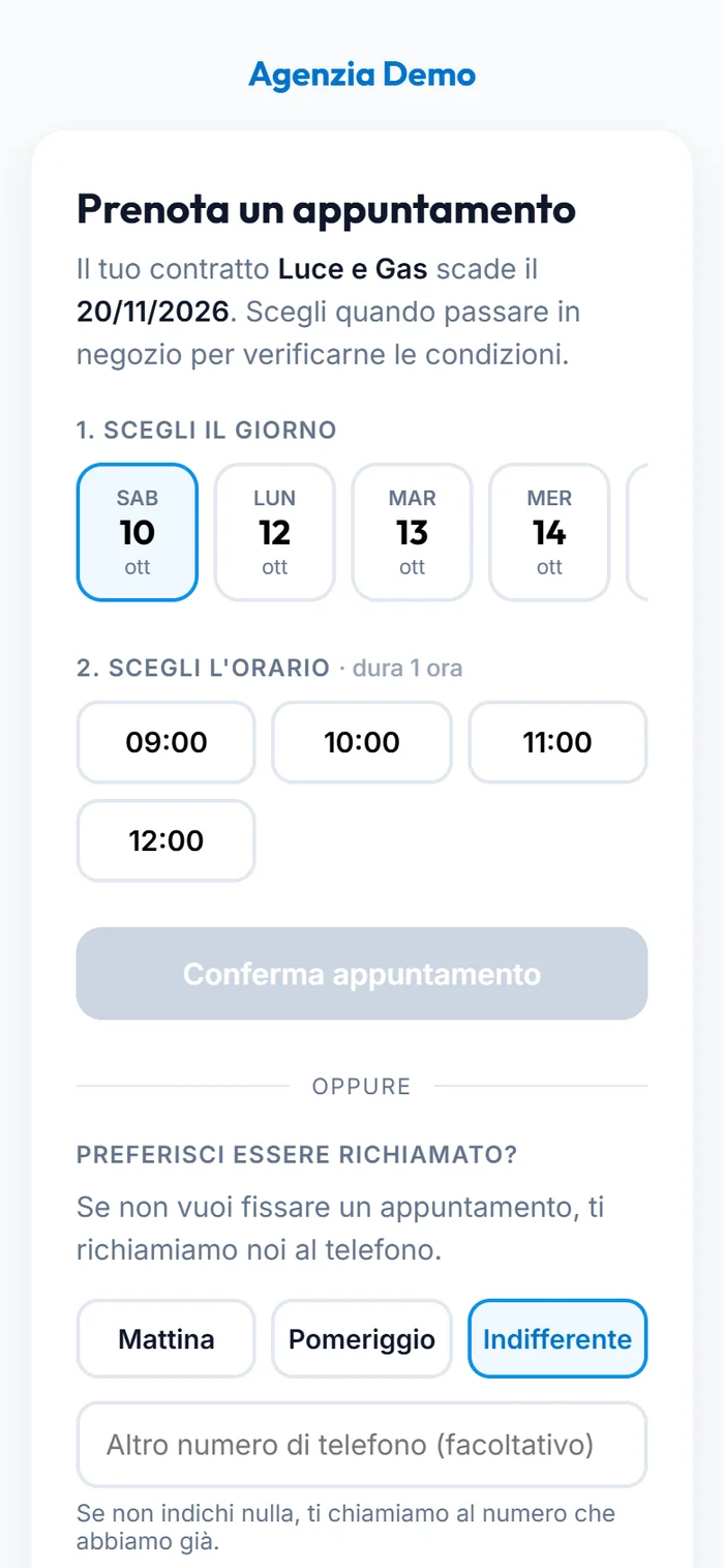 Il cliente sceglie giorno e orario dell'appuntamento dal telefono